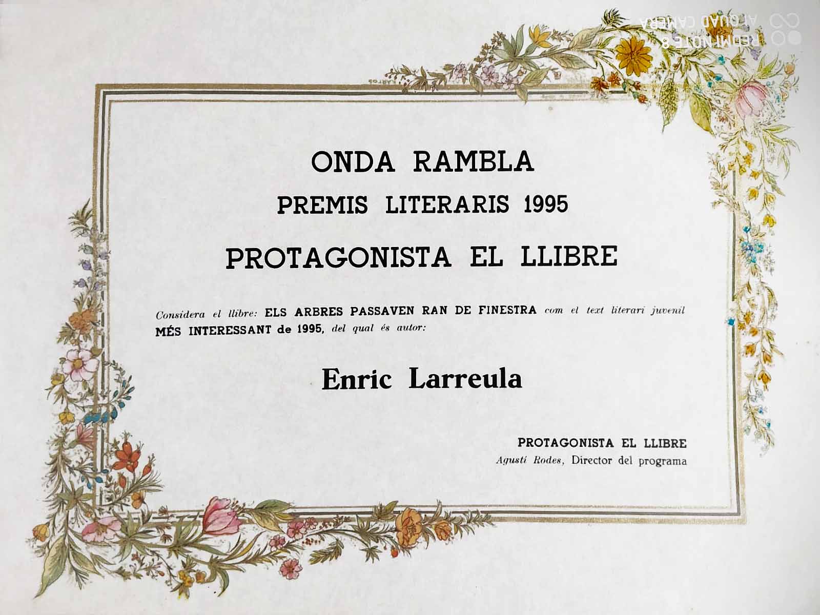 Enric Larreula_Premi Onda Rambla 1995 pel llibre ELS ARBRES PASSAVEN RAN DE FINESTRA